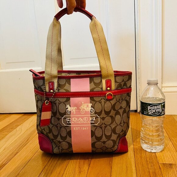 Y2K 2000 Hobo Coach Heritage Signature Stripe Pink/Tan Tote Bag Vintage - Picture 7 of 16